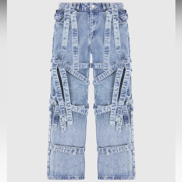 Maniere De Voir Women's Talia in Mid Blue Denim Strap Cargo Jeans Size 8 - Picture 12 of 13